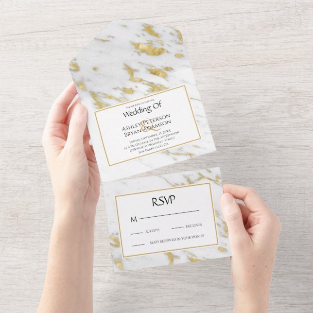 White Marble Golden Glitter  Wedding Invitation (Tearaway)