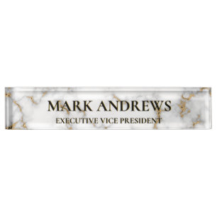 White Marble Gray & Gold Veining Nameplate