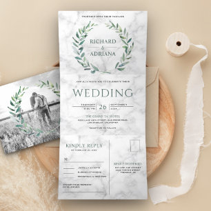 White Marble Green Olive Leaf Wreath Wedding Photo Tri-Fold Invitation