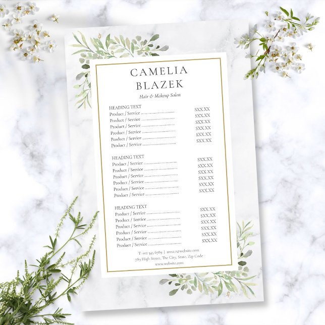 White Marble Greenery Salon Service Menu (White Marble Greenery Salon Service Menu Flyer)