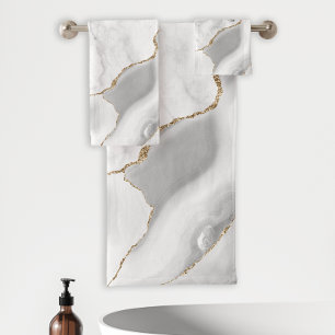 White Marble Grey Agate Gold Glitter Bath Towel Set