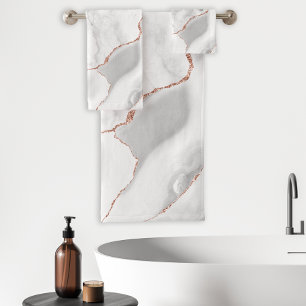 White Marble Grey Agate Rose Gold Glitter Bath Towel Set