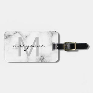 White Marble Grey Black Script Monogrammed Initial Luggage Tag