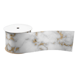 White Marble Grey & Gold Veining Satin Ribbon