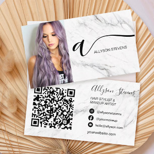 White marble hair makeup photo initial qr code business card