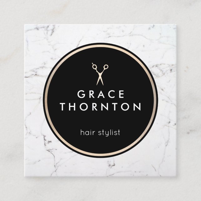White Marble Hair Stylist Scissors Square Business Card (Front)