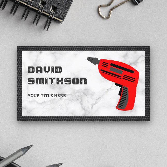 White Marble Hardware Power Tool Red Drill Machine Business Card (Creator Uploaded)