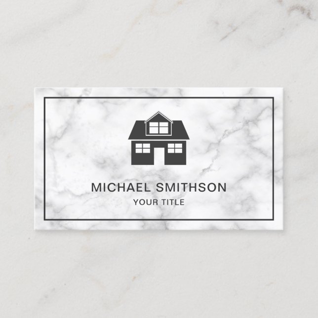 White Marble Home Icon Real Estate Agent Business Card (Front)