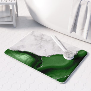 White Marble Hunter Green Agate Silver Glitter Bath Mat