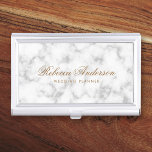 White marble look elegant calligraphy script font business card holder<br><div class="desc">Elegant business card holder featuring your name in an elegant calligraphy script font with the title below on a printed marble look background</div>