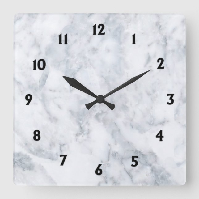 White Marble Look w Black Numbers Square Wall Clock (Front)