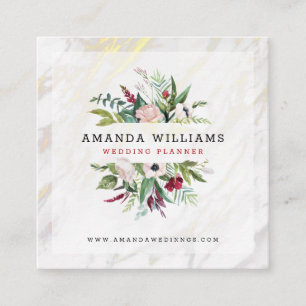 White marble luxury floral and gold accent square business card