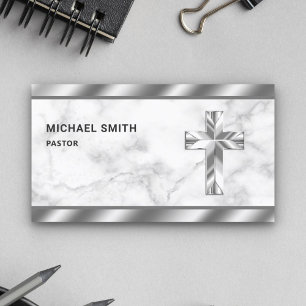 White Marble Metallic Jesus Christ Cross Pastor Business Card
