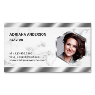 White Marble Metallic Real Estate Photo Realtor Magnetic Business Card