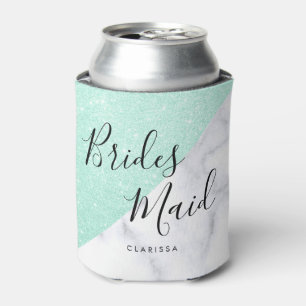 White marble & mint green glitter bridesmaid can cooler