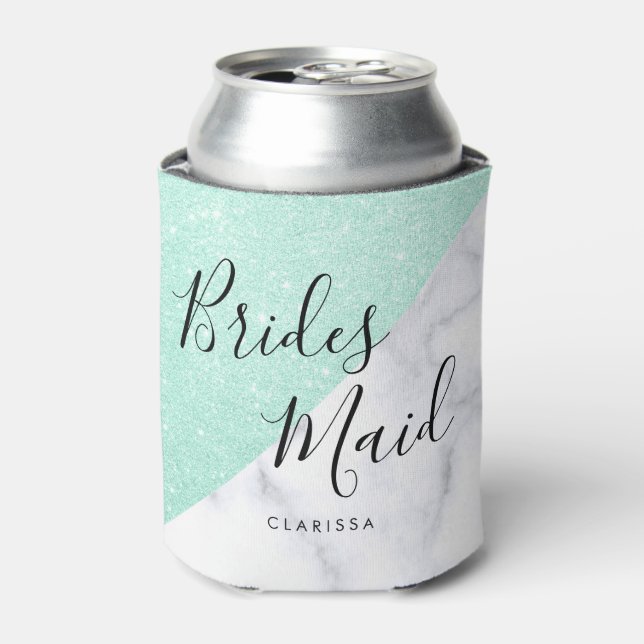 White marble & mint green glitter bridesmaid can cooler (Can Front)