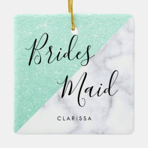 White marble & mint green glitter bridesmaid ceramic ornament