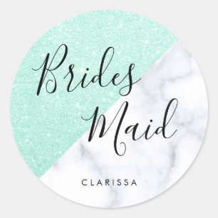 White marble & mint green glitter bridesmaid classic round sticker