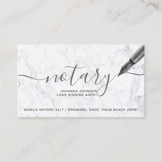 White marble mobile Notary loan typography Business Card (Front)