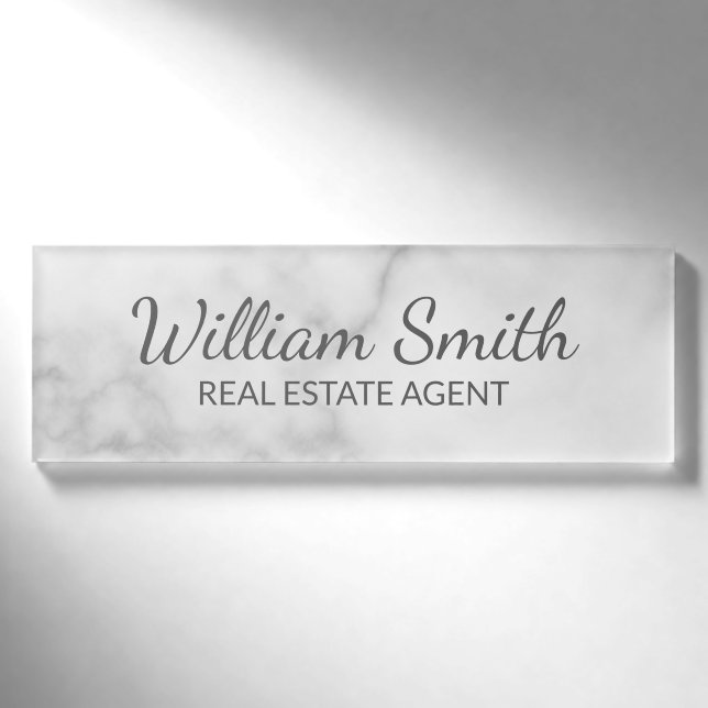 White Marble Modern Professional Personalised Name Tag (Front)