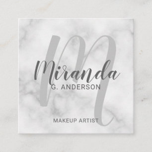 White Marble Modern Script Monogram and Name Square Business Card