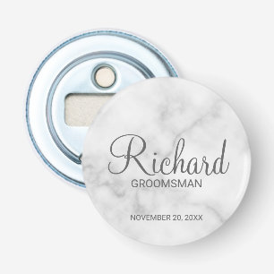 White Marble Modern Script Personalised Groomsman Bottle Opener