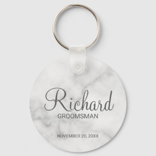 White Marble Modern Script Personalised Groomsman Key Ring