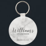 White Marble Modern Script Personalised Groomsman Key Ring<br><div class="desc">Personalised Groomsman Gifts featuring personalised groomsman's name in grey modern script font style with title and wedding date in modern sans serif font style on white marble background. Also perfect for best man, father of the bride, bridesmaid, maid of honour, mother of the bride and more. Please note: The marble...</div>