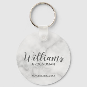 White Marble Modern Script Personalised Groomsman Key Ring