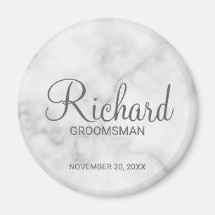 White Marble Modern Script Personalised Groomsman Magnet