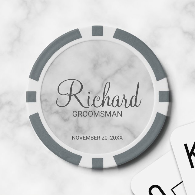 White Marble Modern Script Personalised Groomsman Poker Chips (Creator Uploaded)