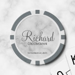 White Marble Modern Script Personalised Groomsman Poker Chips<br><div class="desc">Personalised Groomsman Gifts featuring personalised groomsman's name in grey modern script font style with title and wedding date in modern sans serif font style on white marble background. Also perfect for best man, father of the bride and more. Please note: The marble details are simulated in the artwork. No actual...</div>