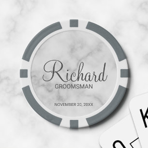 White Marble Modern Script Personalised Groomsman Poker Chips