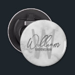 White Marble Modern Script Personalised Groomsmen Bottle Opener<br><div class="desc">Modern Minimalist Personalised Monogram and Name Gifts This design features personalised name in grey modern handwriting script font style and monogram in light grey modern sans serif font style as background, with title in grey modern sans serif font style, on white marble background. Also perfect for best man, maid of...</div>