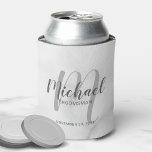 White Marble Modern Script Personalised Groomsmen Can Cooler<br><div class="desc">Add a personal touch to your wedding with personalised groomsmen can cooler. This can cooler features personalised groomsmen's name in grey modern script font style and monogram in light grey modern script font style as background with title and wedding date in grey modern sans serif font style on white marble...</div>