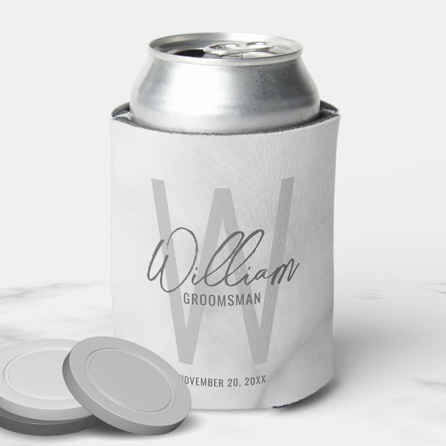 White Marble Modern Script Personalised Groomsmen Can Cooler (Creator Uploaded)