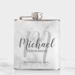 White Marble Modern Script Personalised Groomsmen Hip Flask<br><div class="desc">Add a personal touch to your wedding with personalised groomsmen flask. This flask features personalised groomsmen's name in grey modern script font style and monogram in light grey modern script font style as background with title and wedding date in grey modern sans serif font style on white marble background. Also...</div>