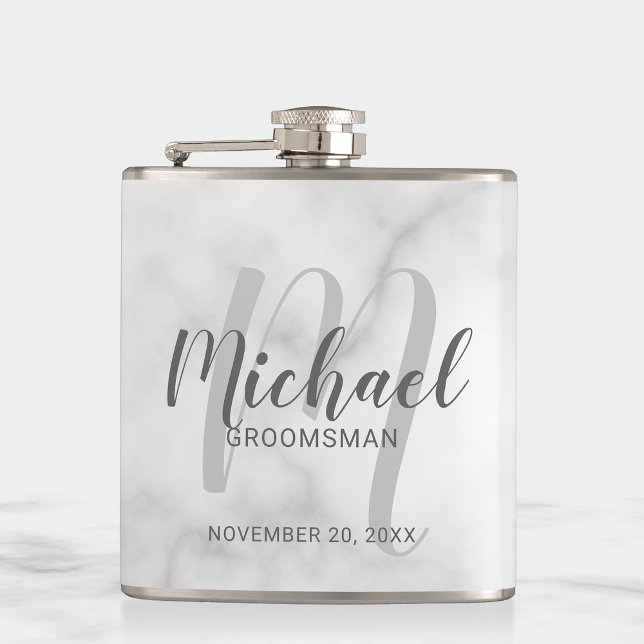 White Marble Modern Script Personalised Groomsmen Hip Flask (Creator Uploaded)