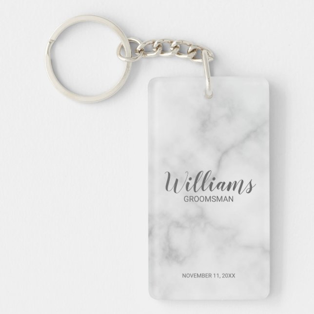 White Marble Modern Script Personalised Groomsmen Key Ring (Front)