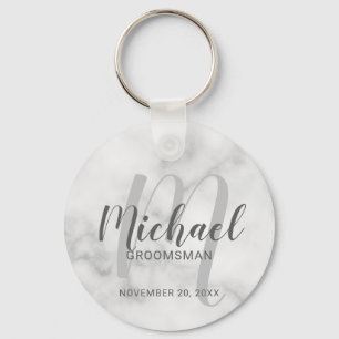 White Marble Modern Script Personalised Groomsmen Key Ring