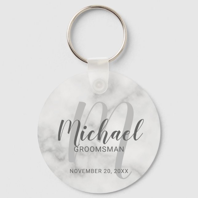White Marble Modern Script Personalised Groomsmen Key Ring (Front)