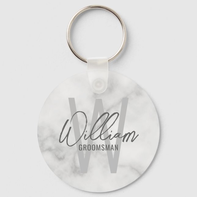 White Marble Modern Script Personalised Groomsmen Key Ring (Front)