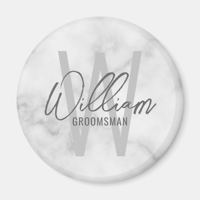 White Marble Modern Script Personalised Groomsmen Magnet (Front)