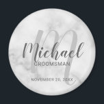 White Marble Modern Script Personalised Groomsmen Magnet<br><div class="desc">Add a personal touch to your wedding with personalised groomsmen magnet. This magnet features personalised groomsmen's name in grey modern script font style and monogram in light grey modern script font style as background with title and wedding date in grey modern sans serif font style on white marble background. Also...</div>