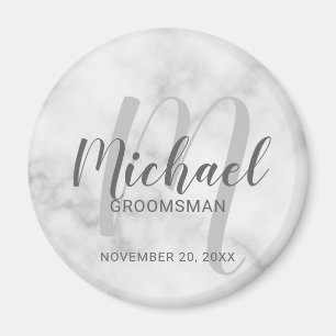 White Marble Modern Script Personalised Groomsmen Magnet
