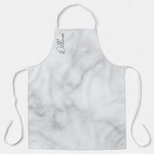 White Marble Modern Script Personalised Name Apron