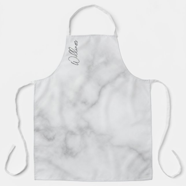 White Marble Modern Script Personalised Name Apron (Front)