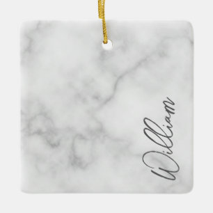 White Marble Modern Script Personalised Name Ceramic Ornament