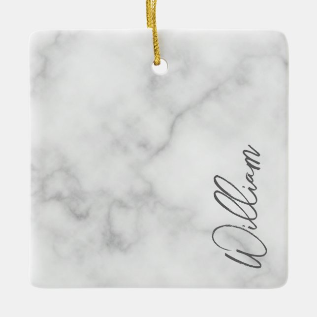 White Marble Modern Script Personalised Name Ceramic Ornament (Front)