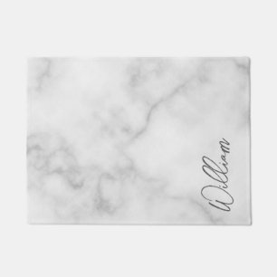 White Marble Modern Script Personalised Name Doormat
